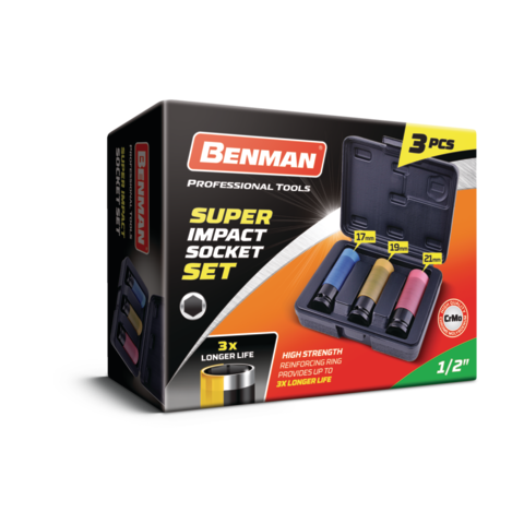 CHIAVE A BUSSOLA 1/2" A IMPULSI A 6 PUNTE LUNGA PER CERCHI LEGA SUPER IMPACT, 3PZ SET BENMAN 71071