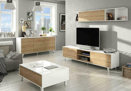 PARETE ATTREZZATA MODERNA SALOTTO MOBILI SALA BIANCO/ROVERE SOGGIORNO TV DESIGN
